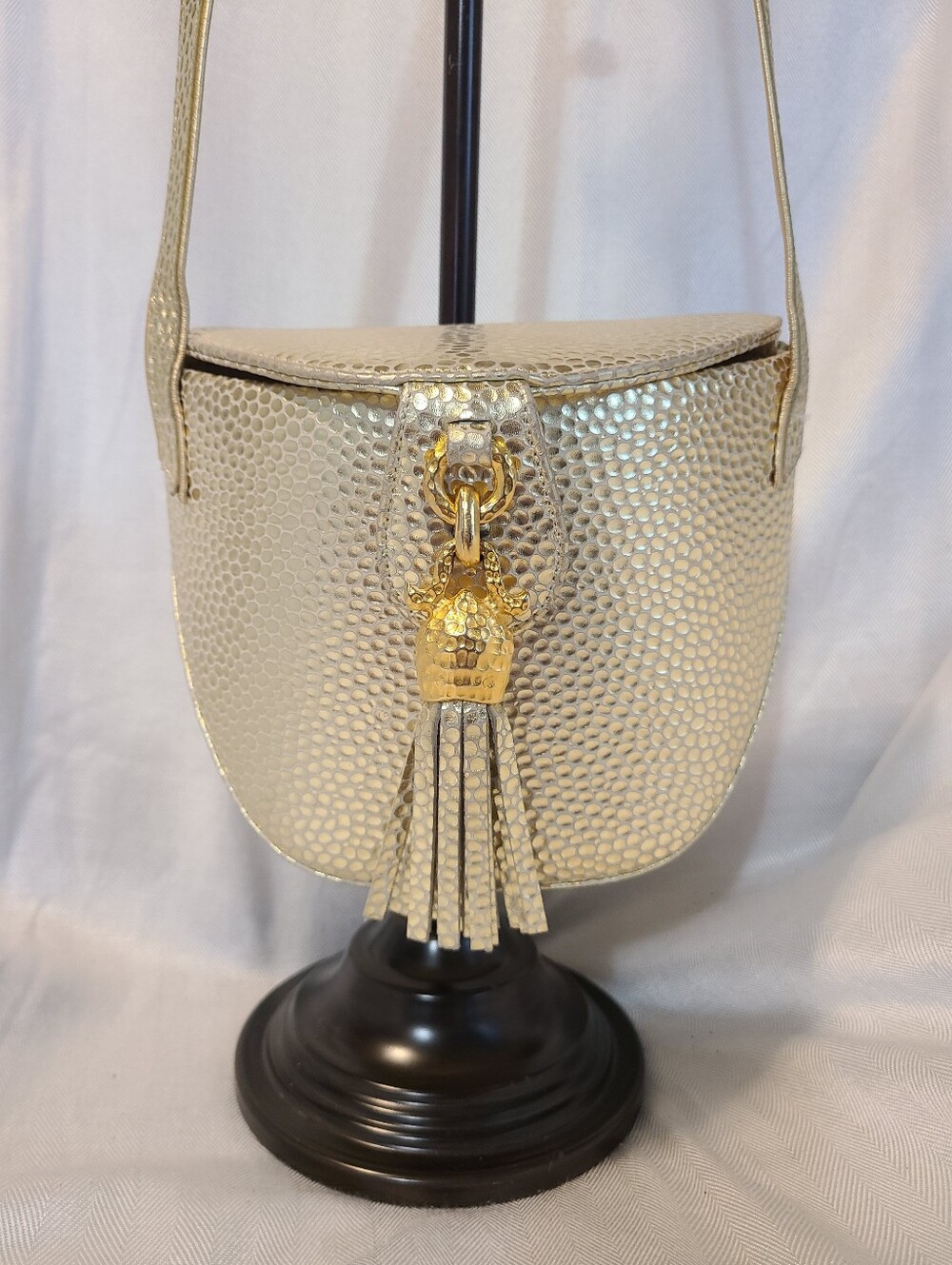 Vintage Sondra Roberts Gold Textured Crossbody Bag with Tassel Charm